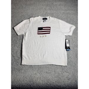 Sag Harbor Womens White Short Sleeve Sweater American Flag Gold Button Stars XL